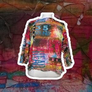 Y2K Vintage Abstract Art Graphic Mesh Top‎ 3/4 Sleeve Avant Garde Stretchy XL